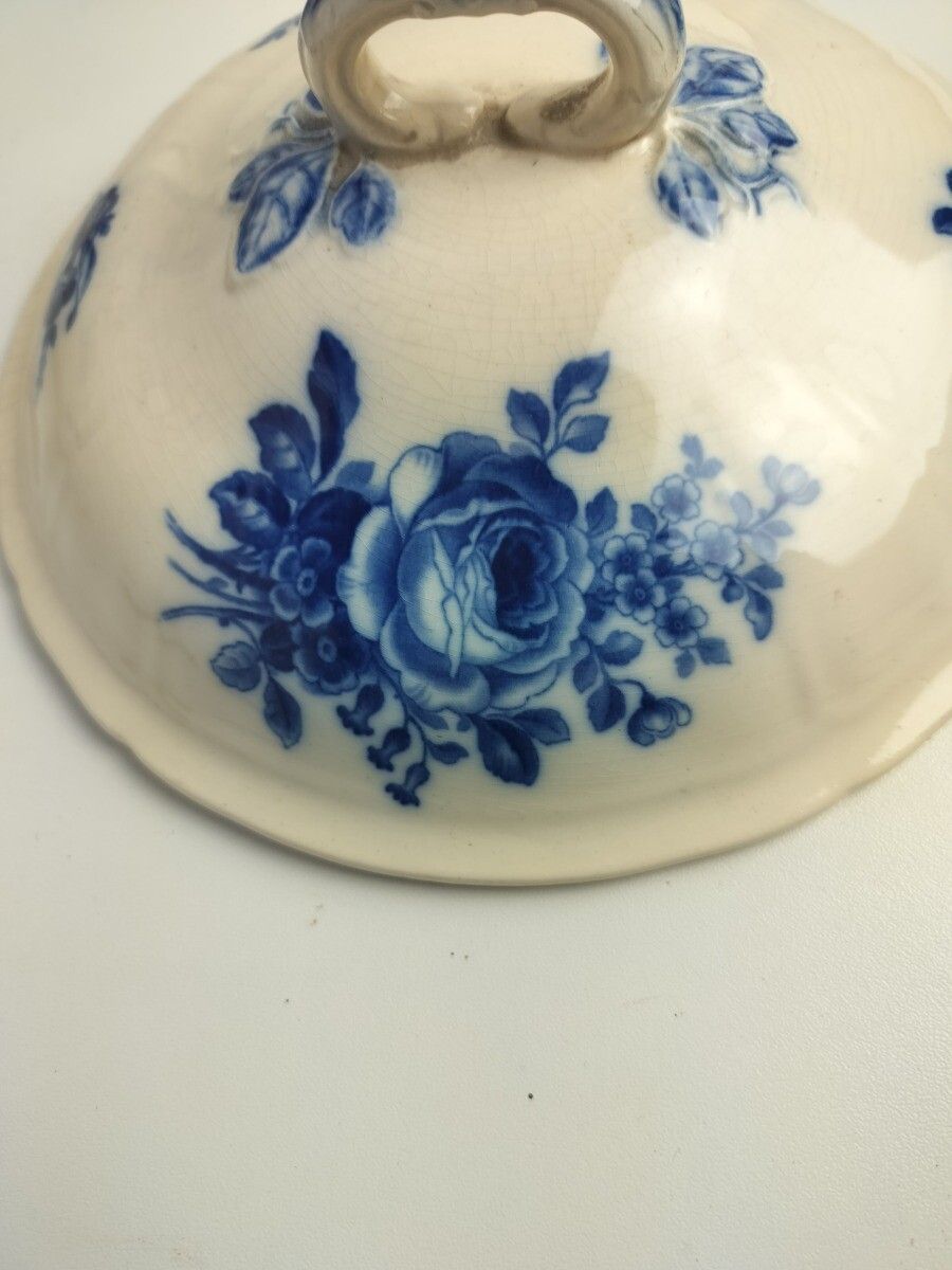 Art Nouveau Antique  Boch Mettlach Blue Rose Germany  Serving Bowl Dish  Soup Tu photo vinterior