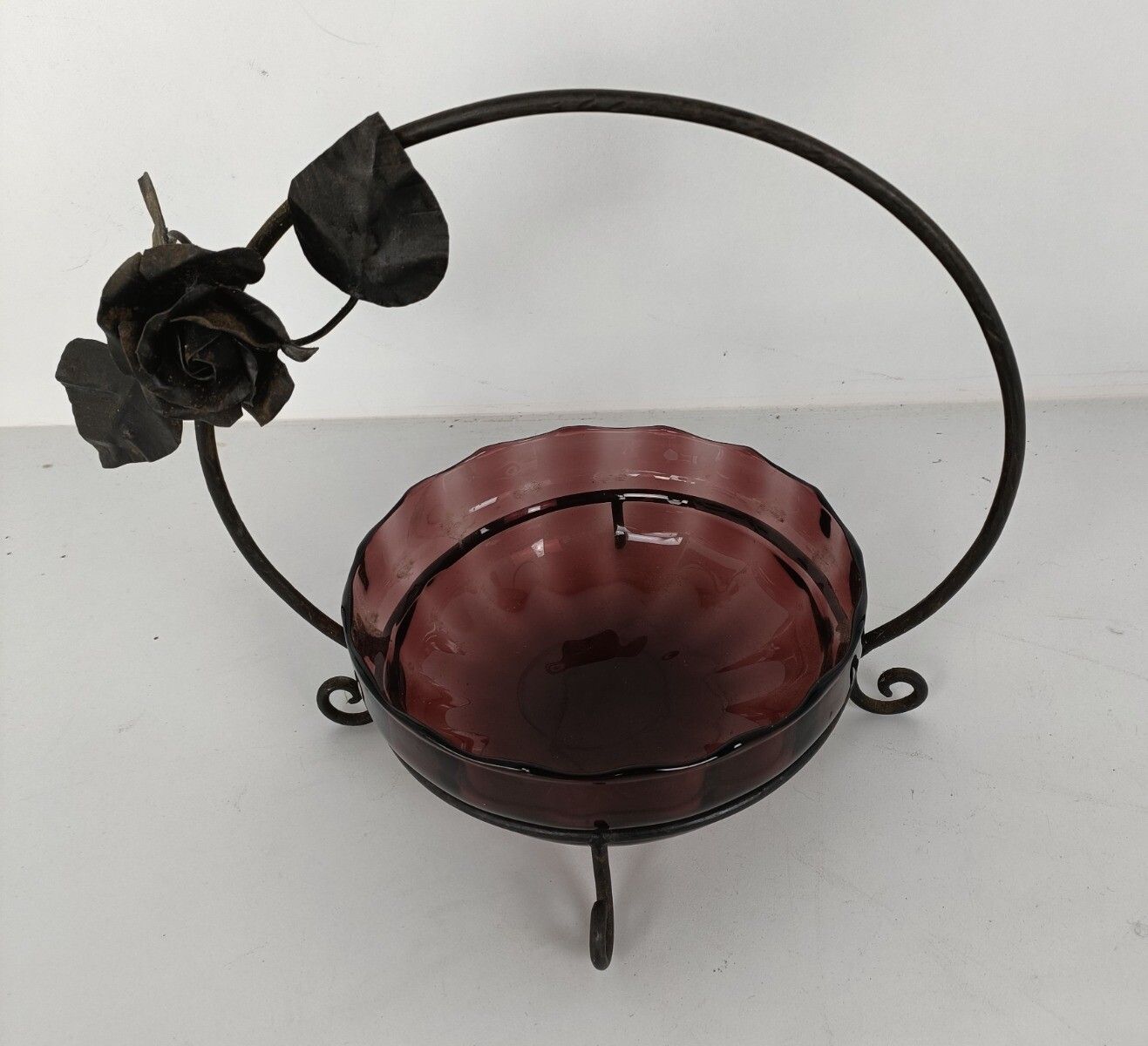 Art Nouveau  Wrought Iron Basket Amethist Art Glass Bowl  Roses Era Van Boeckel photo furniture