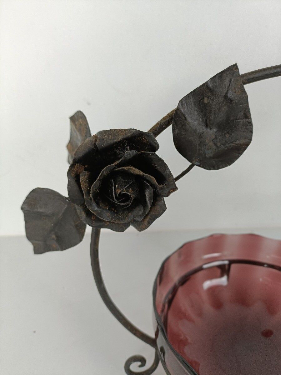 Art Nouveau  Wrought Iron Basket Amethist Art Glass Bowl  Roses Era Van Boeckel photo for sale