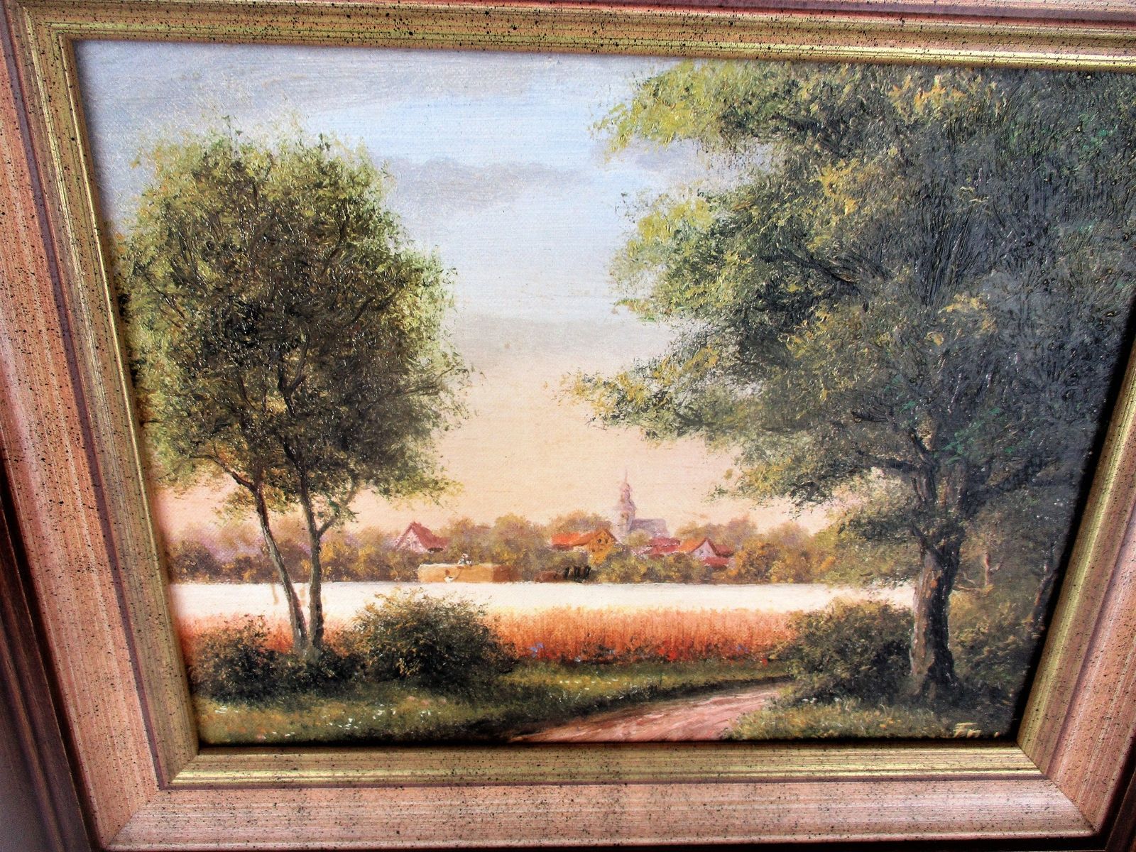 Small Lovely Oil Painting On Canvas Framed Beautiful Landscape Signed F. Moka photo for sale