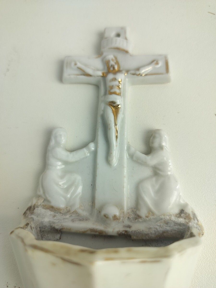 Small Antique Gorgeous Holy Water Font Bisque Porcelain Wall Hanging Vessel Cruc photo Art