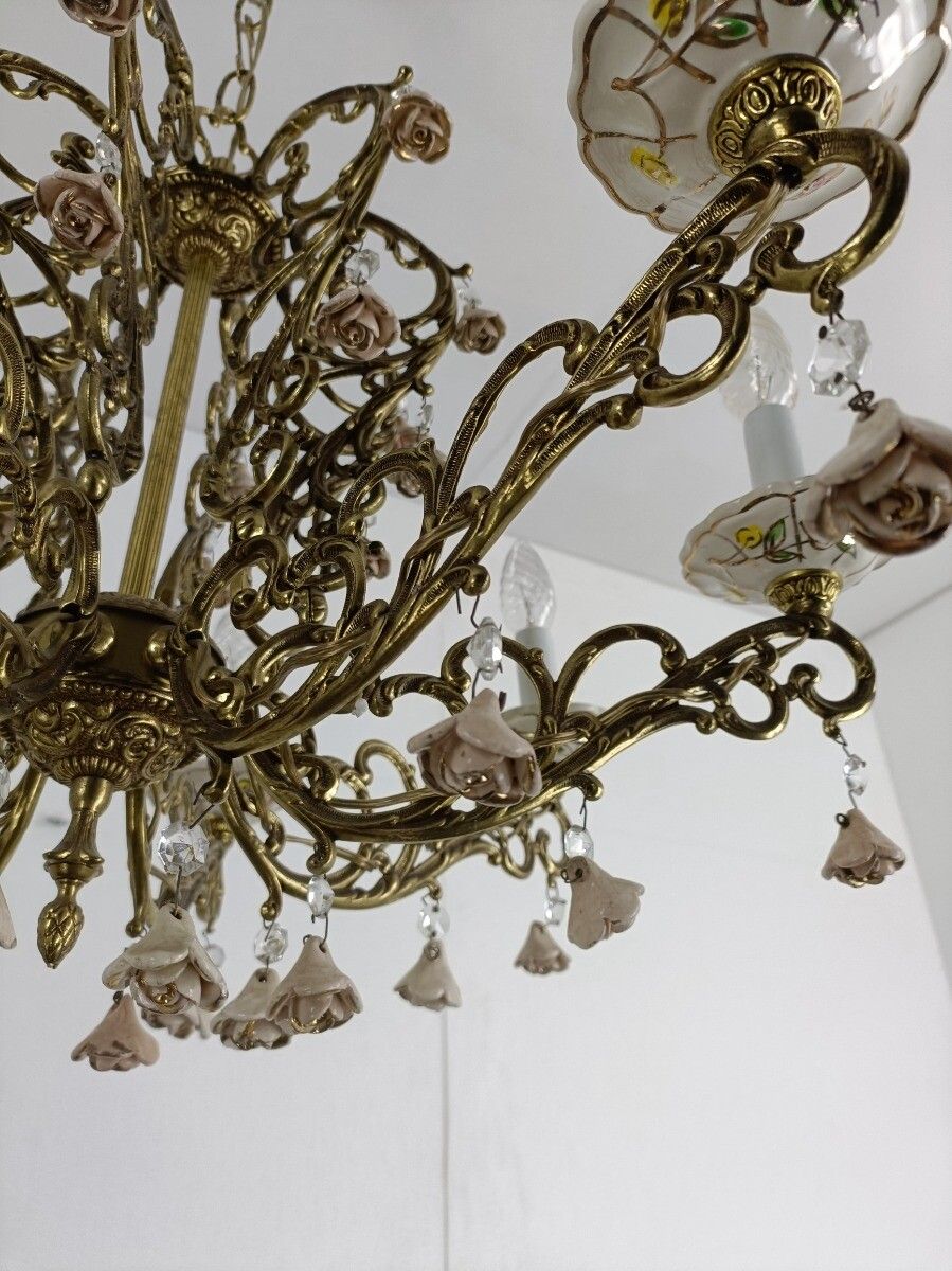 photo furniture Impressive Chandelier Brass  Porcelain Flowers Prisms 8 Arm Lights Wow