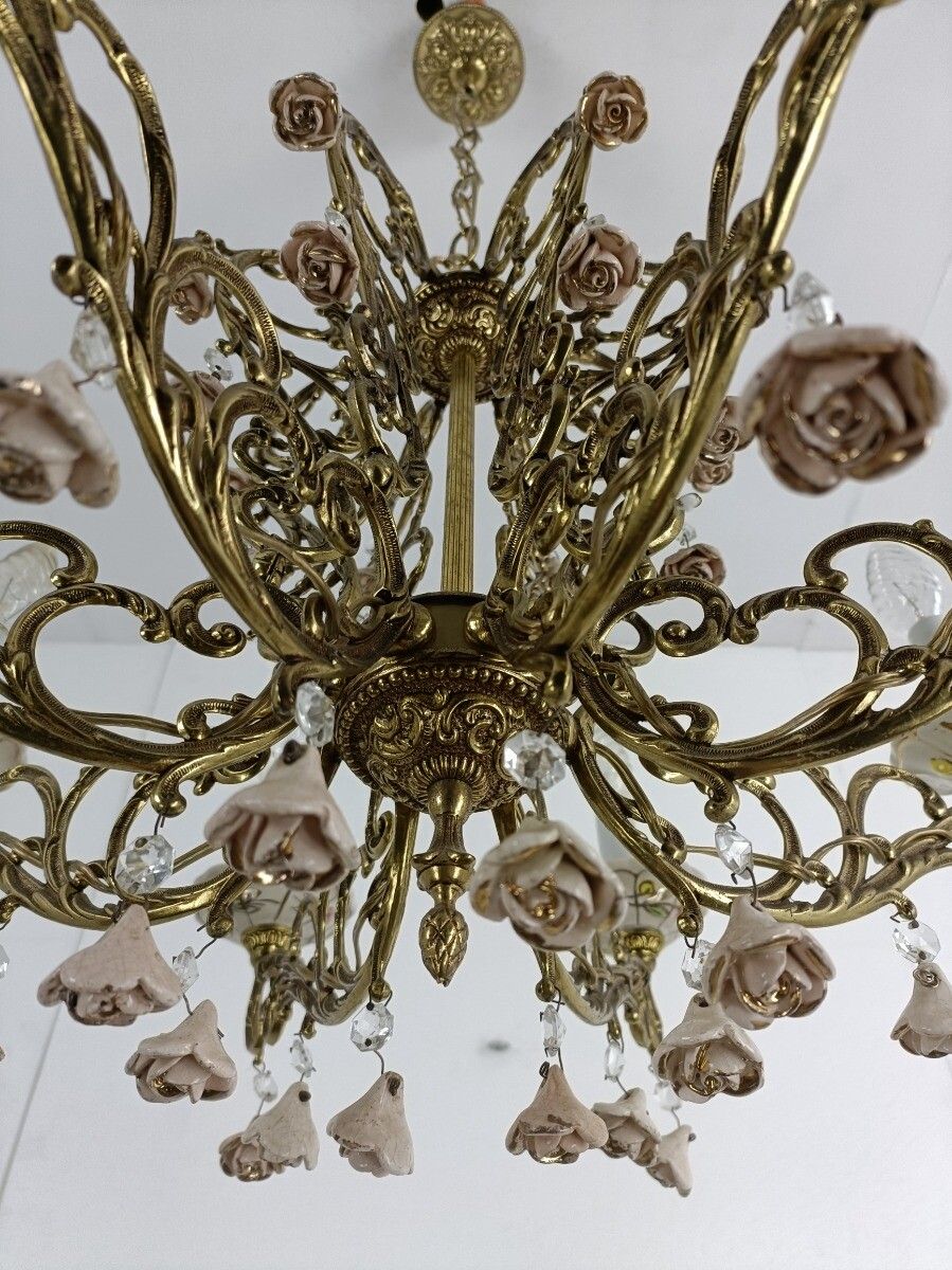 photo for sale Impressive Chandelier Brass  Porcelain Flowers Prisms 8 Arm Lights Wow