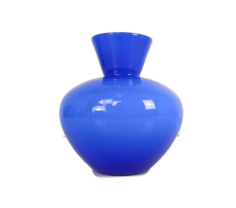 Cobalt Blue Cased Glass Vase  Round  Art Glass  Vintage