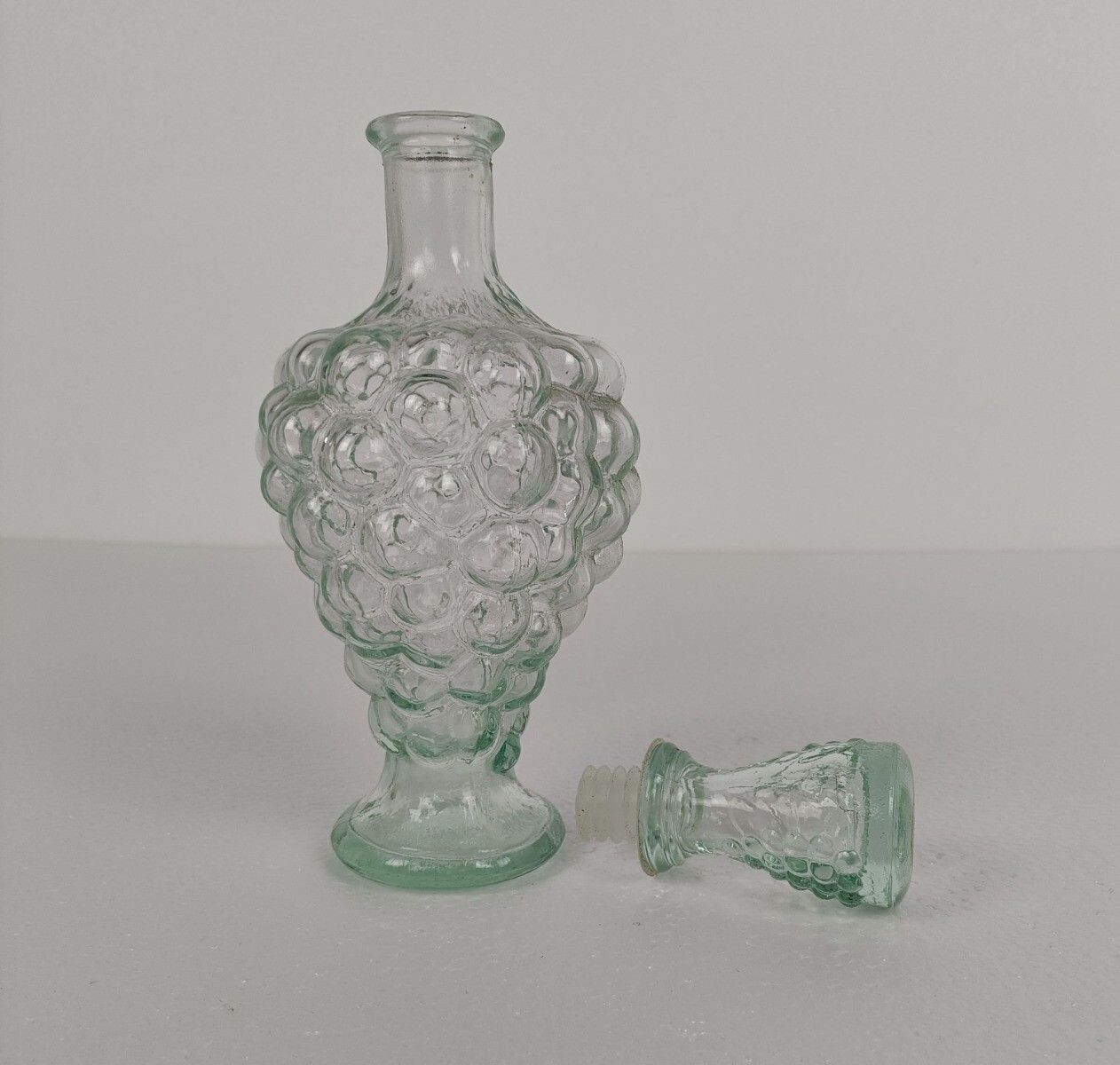 Vintage Clear Greenish Pressed Glass Genie Bottle Stopper Decanter Grapes Lidded photo furniture