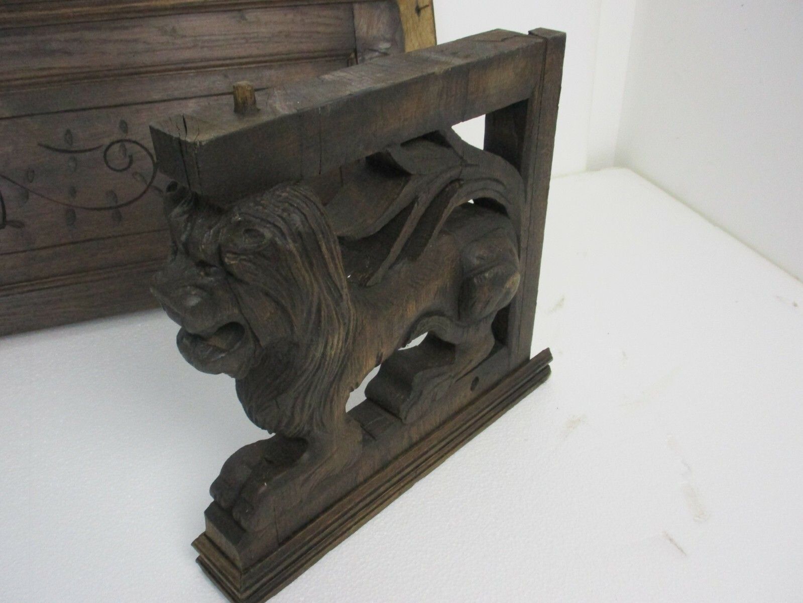 photo for sale Hand Carved Wood Lion Heads Pediment Ornate Over Door Architectural Reclaimed