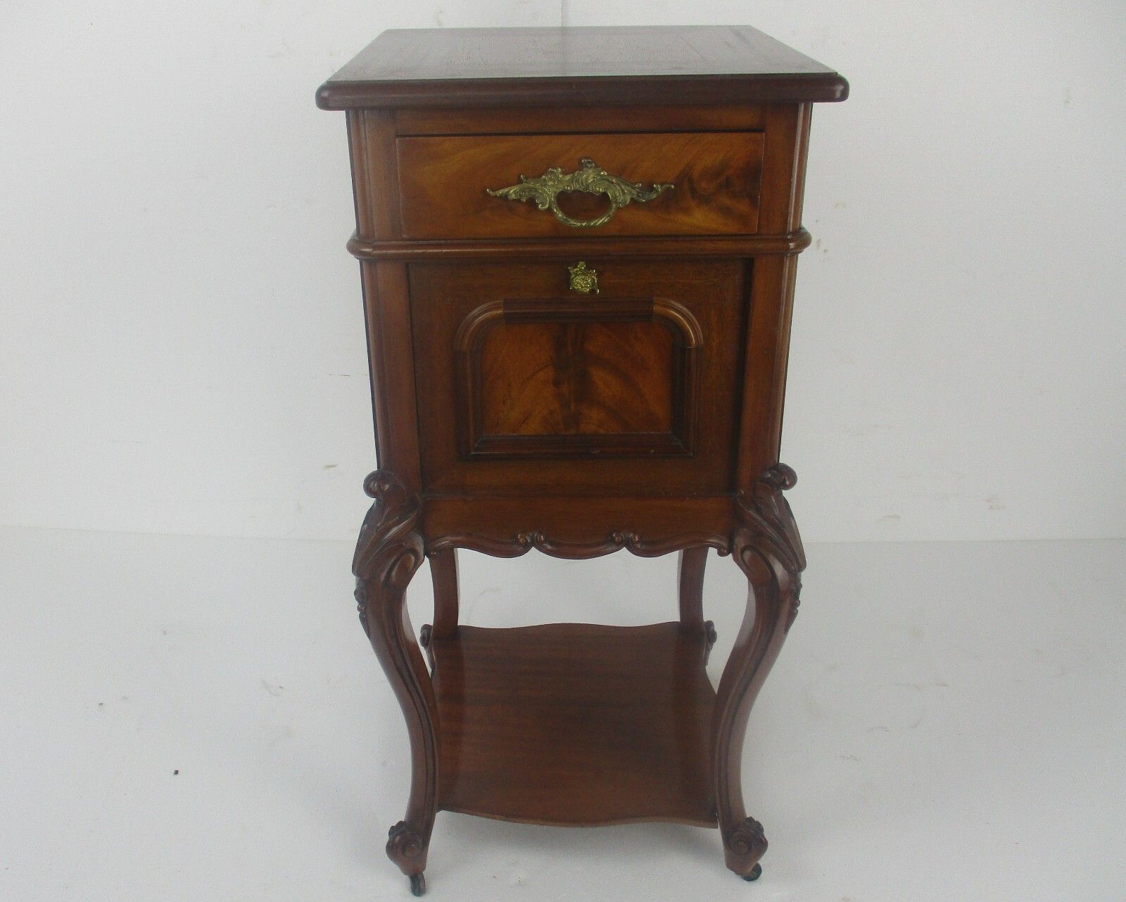 Antique Cabinet Side Table Night Stand Queen Anne Style Wood On Wheels Wow photo furniture