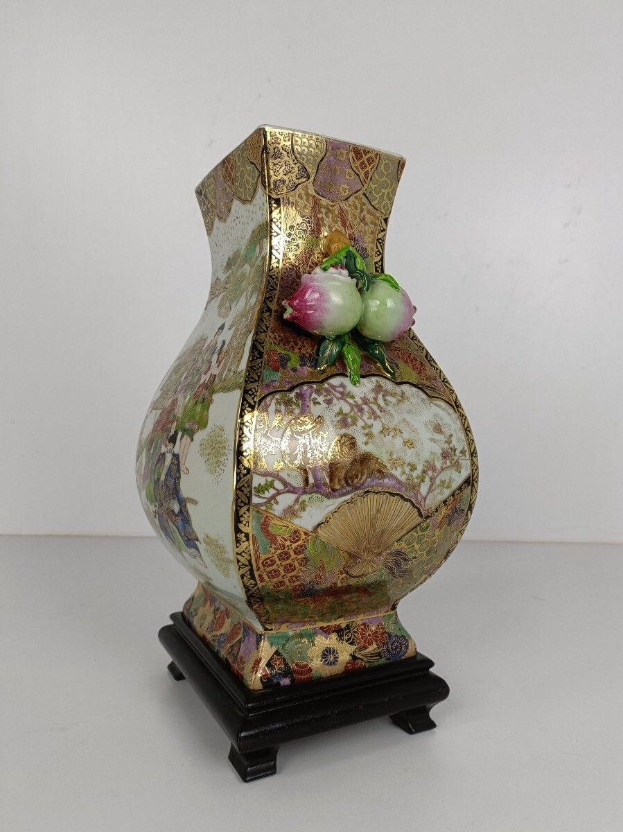 Vintage Japanese Vase Gorgeous Style Flowers Fruit Polychrome 70s Special Form photo 190.0