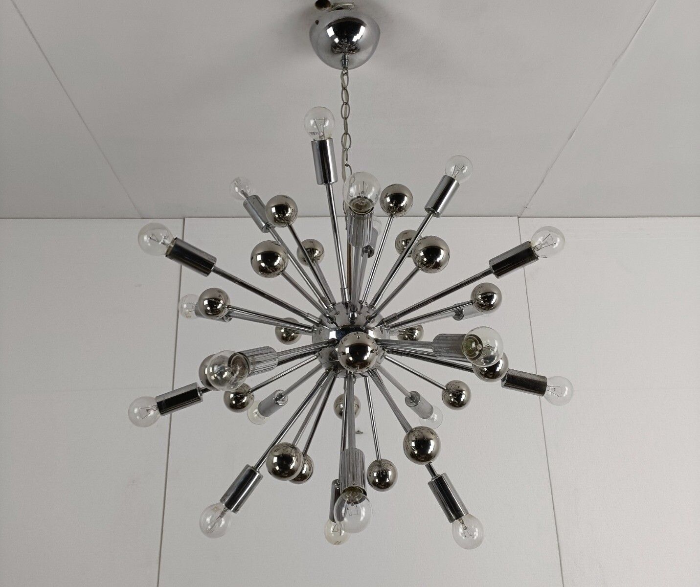 photo for sale Impressive Sputnik Chandelier Modernist 20 Lights Metal Chrome Pop Art Vintage