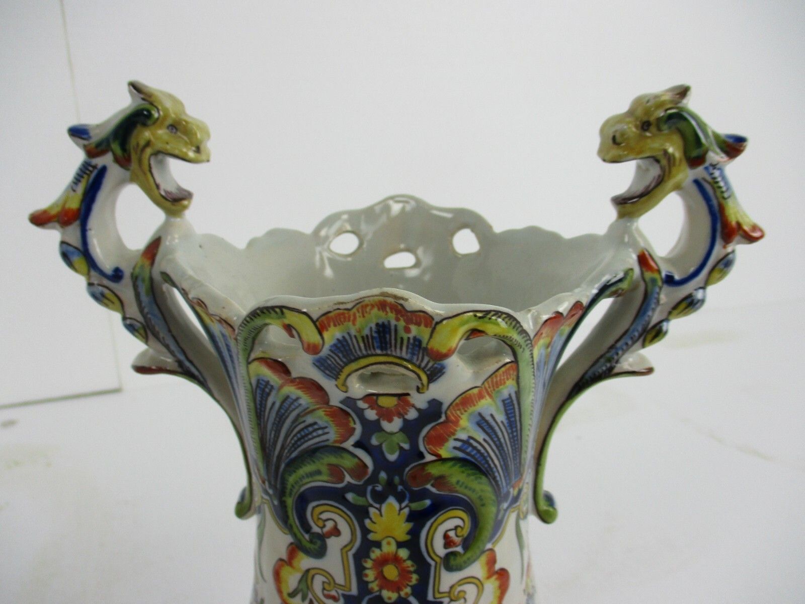 Pair French Vieux Rouen Polychrome Porcelain Vases Marked Dragon Handles Wow photo furniture