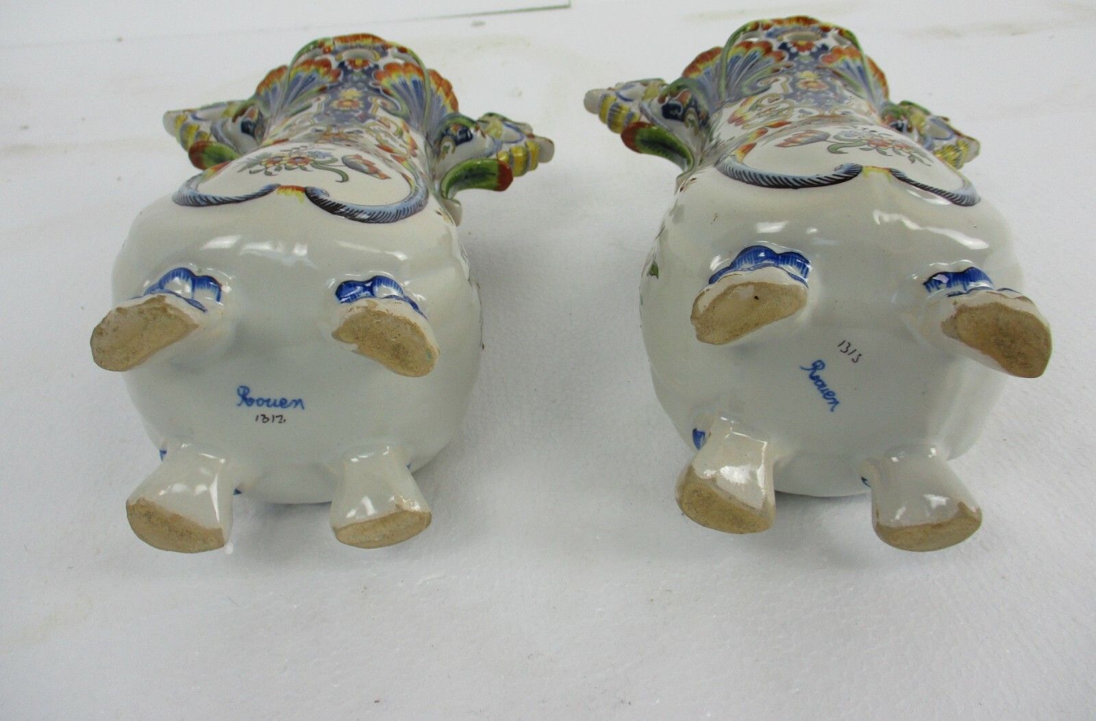 photo furniture Pair French Vieux Rouen Polychrome Porcelain Vases Marked Dragon Handles Wow