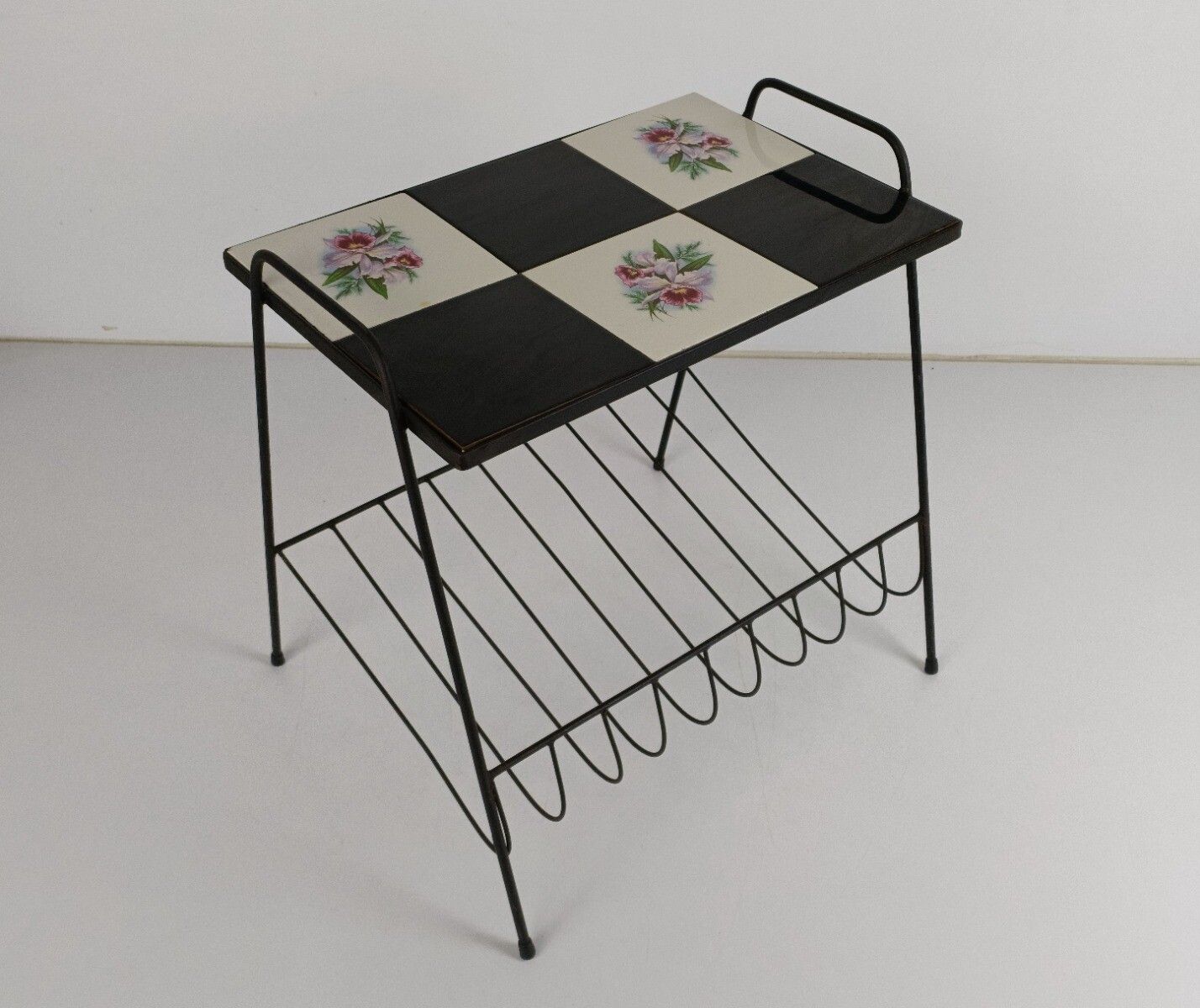 Side Table Magazine Newspaper Rack Basket  Wrought Iron Legs Ceramic Tiles Vinta photo furniture