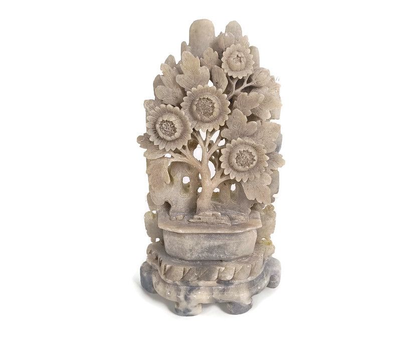 Art Sculpture Figurine  Carving On Base Sunflowers  Soap Stone Vintage  Grey