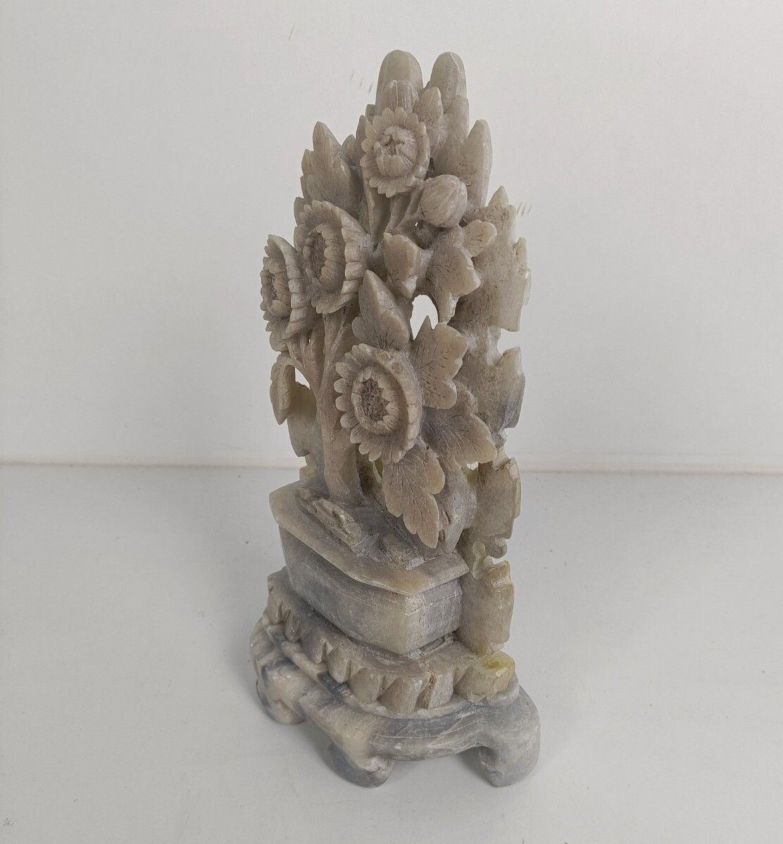 Art Sculpture Figurine  Carving On Base Sunflowers  Soap Stone Vintage  Grey photo Art