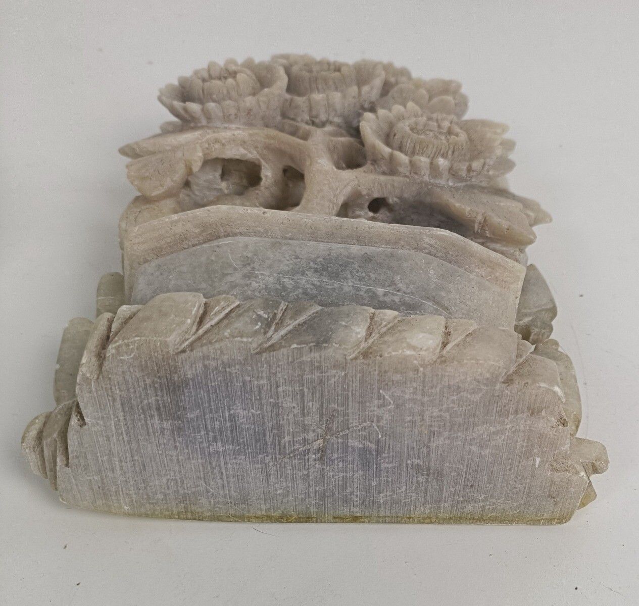 Art Sculpture Figurine  Carving On Base Sunflowers  Soap Stone Vintage  Grey photo vintage