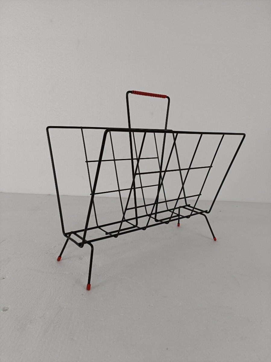 Vintage Mid Century Modern Magazine Newspaper Basket Rack Funky  Wrought Iron Ma photo 89.0