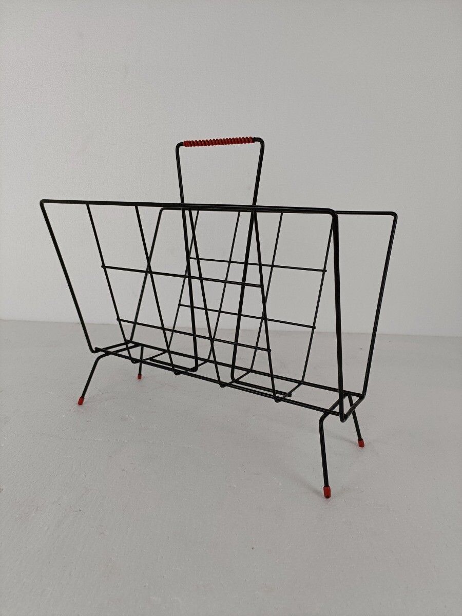 Vintage Mid Century Modern Magazine Newspaper Basket Rack Funky  Wrought Iron Ma photo vinterior