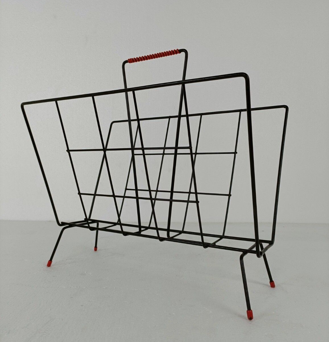 Vintage Mid Century Modern Magazine Newspaper Basket Rack Funky  Wrought Iron Ma photo buy