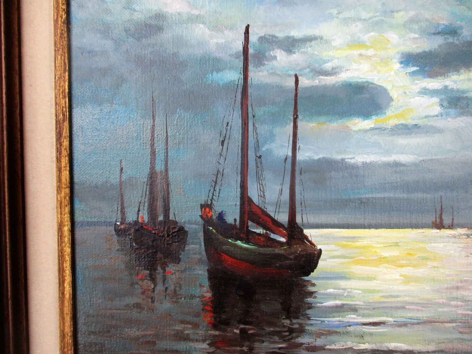 Lovely Oil Painting Framed Sailing Boats Signed R. Klein Expressionism photo for sale