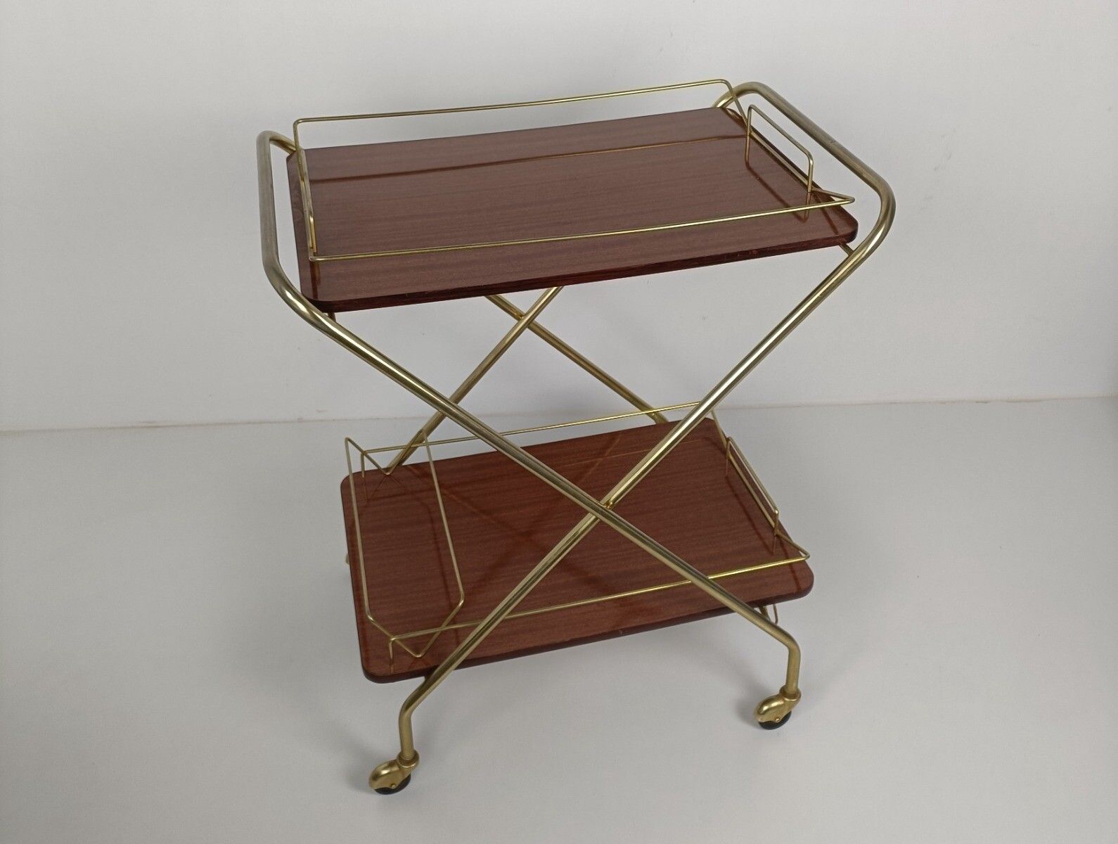 Foldable Bar Cart Kitchen Island Coctail Cart Serving Tray Vintage Veneer Chrome photo furniture