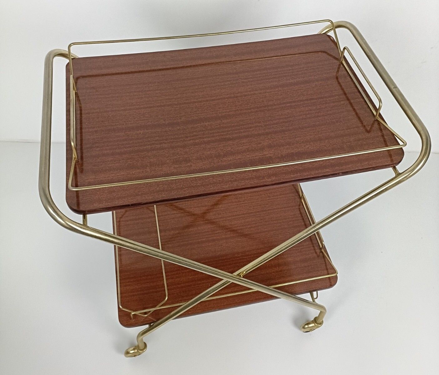 Foldable Bar Cart Kitchen Island Coctail Cart Serving Tray Vintage Veneer Chrome photo vinterior