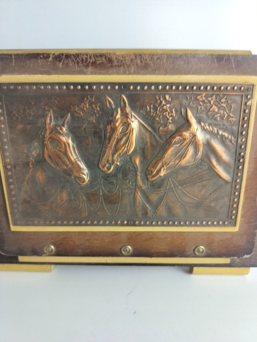 Magazine Letter Box Wall Hanging Art Deco Hammered Copper Plate On Wood Horses L photo for sale