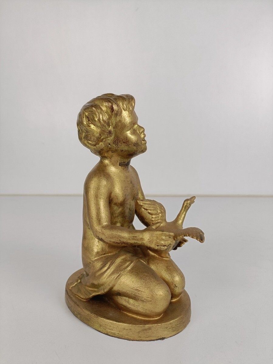 Statue Gold Gild Plaster Nude Boy Putti With Duck After Jacob Ludwig Schmitt Vin photo for sale