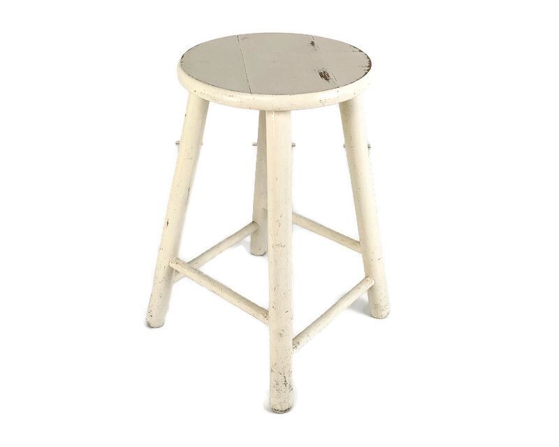 Vintage Hand Carved Wood Milking Stool Painted White Crutch Pedestal Table Farmh