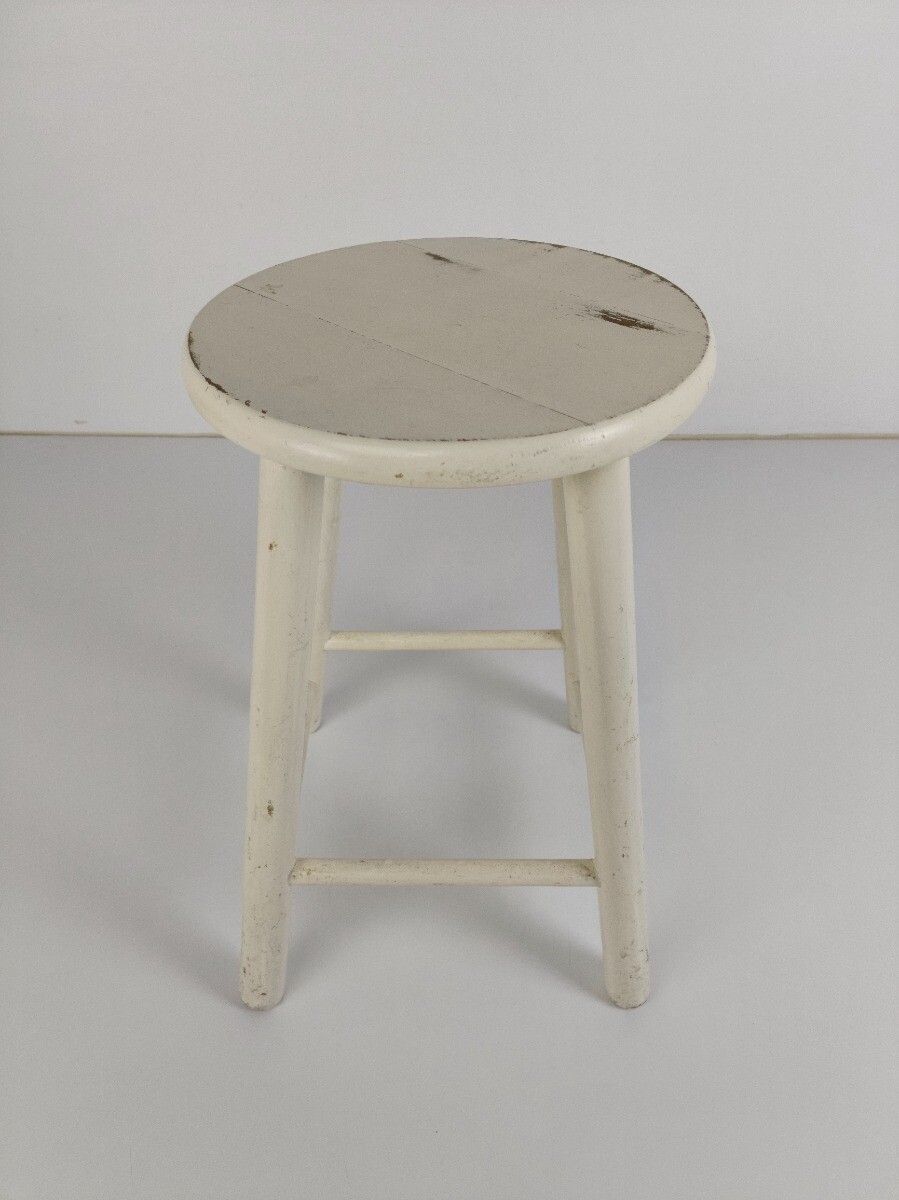 Vintage Hand Carved Wood Milking Stool Painted White Crutch Pedestal Table Farmh photo for sale