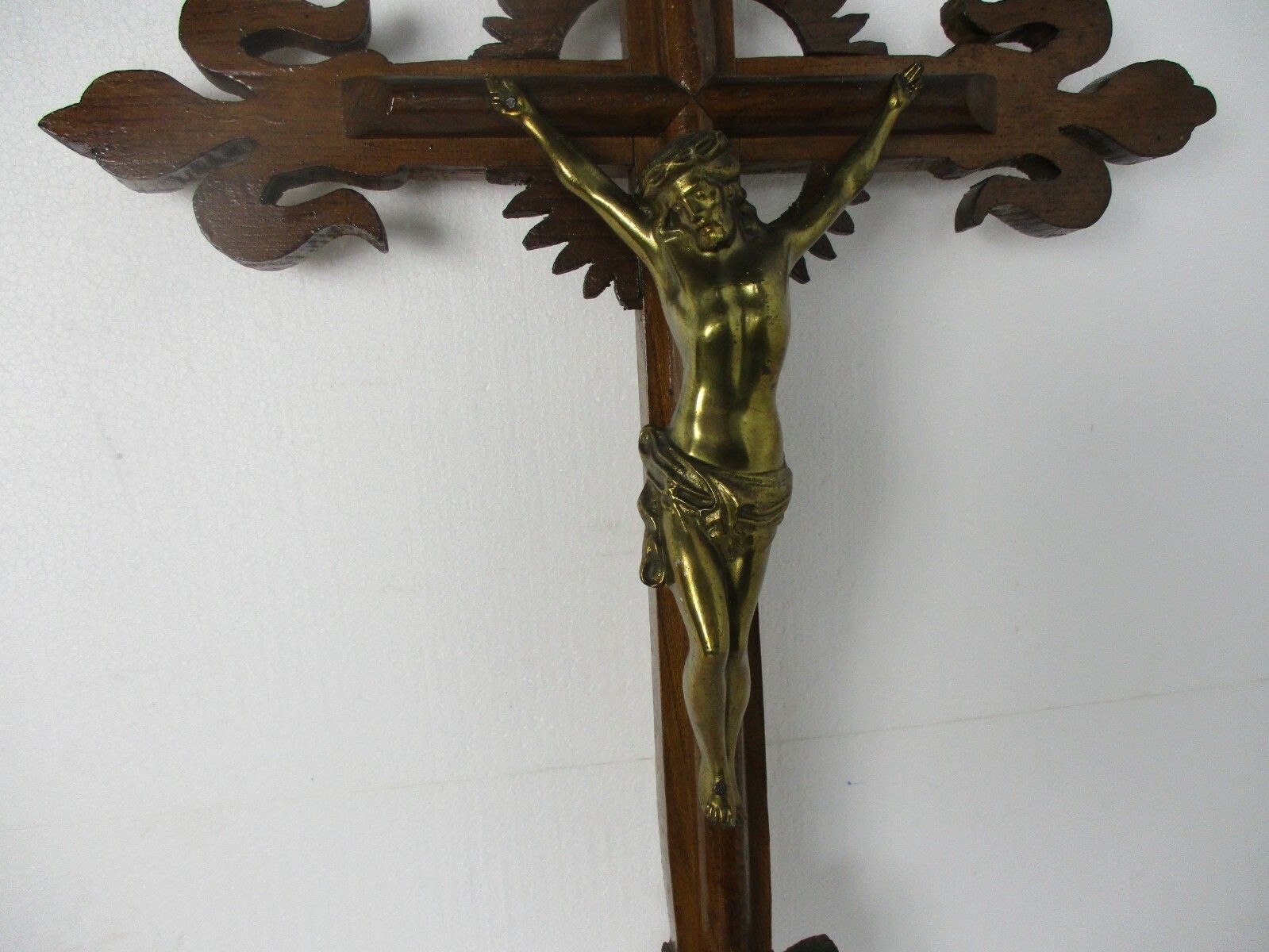 Xl Hand Carved Wood  French Hanging Ornate Crucifix Jesus Christ Fleur De Lis photo Art