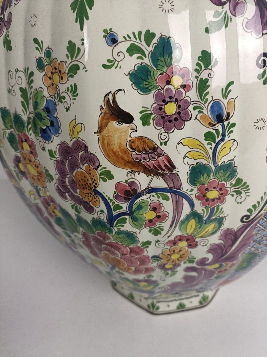 Huge Impressive Urn Vase Lidded Polychrome Bird Hand Painted Delft Marked Xxl photo for sale