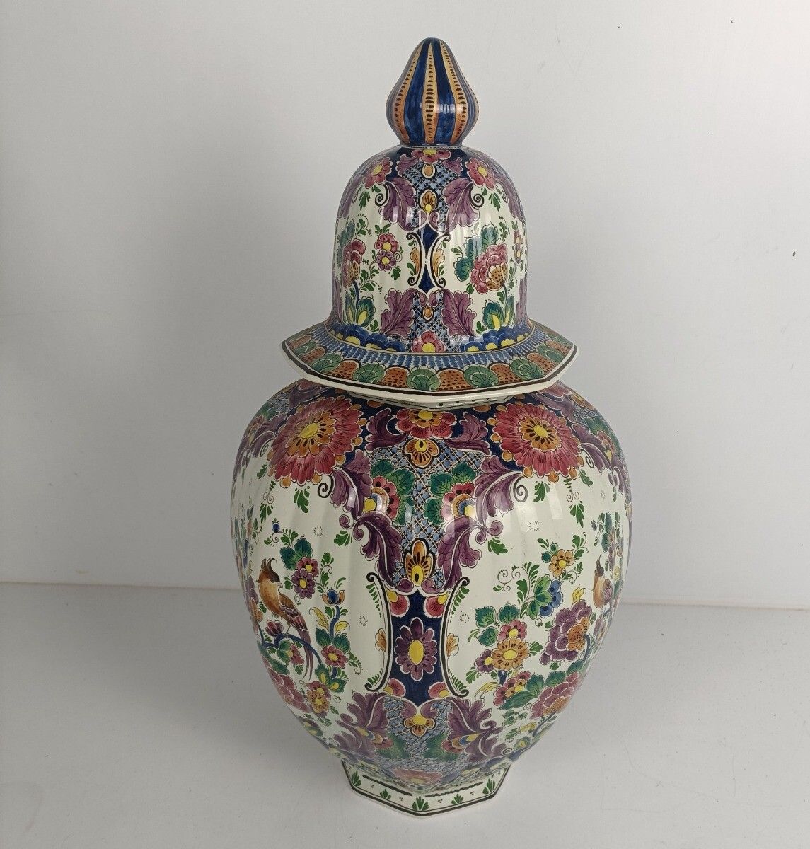 Huge Impressive Urn Vase Lidded Polychrome Bird Hand Painted Delft Marked Xxl photo Home Decor