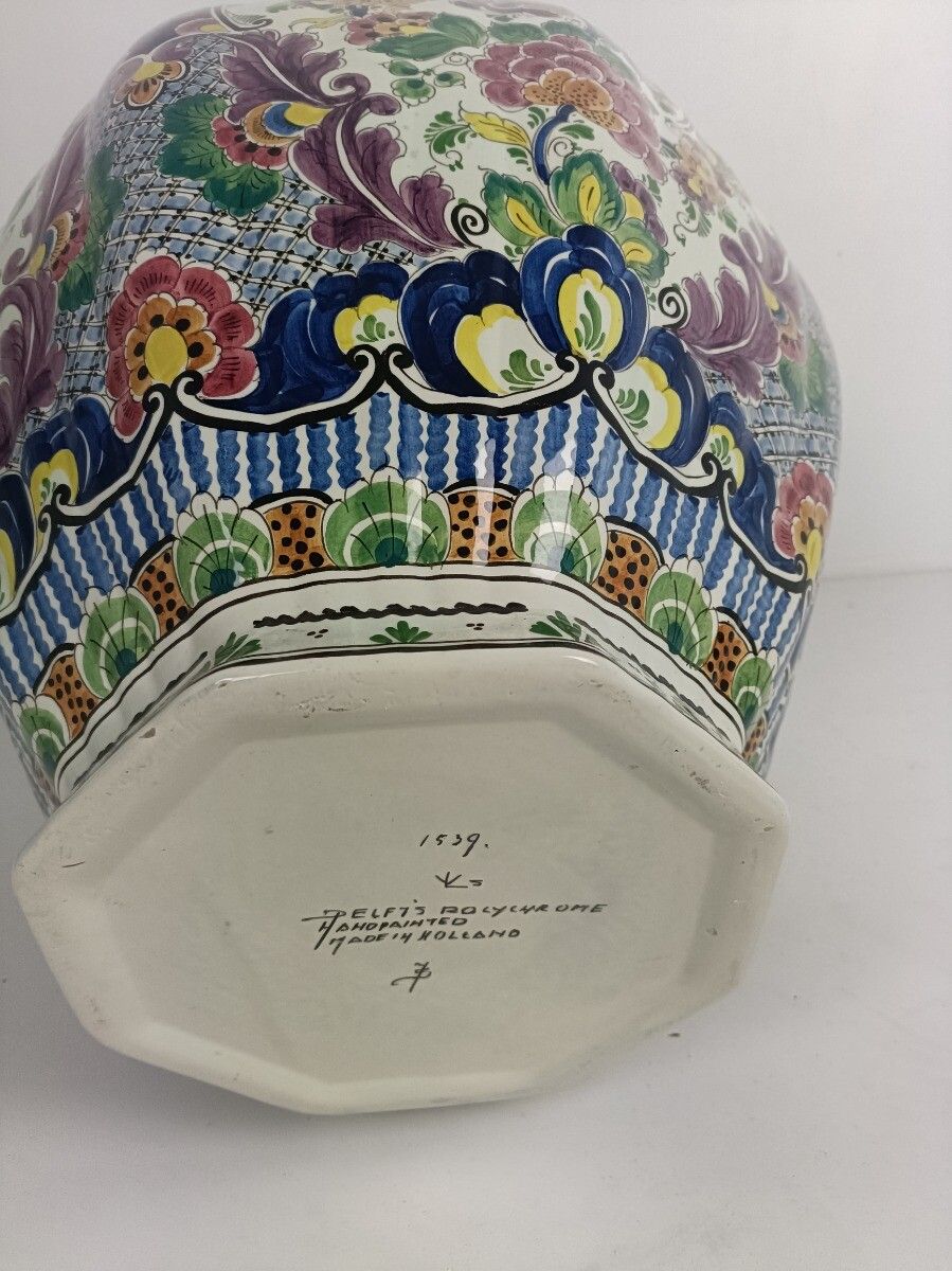 photo for sale Huge Impressive Urn Vase Lidded Polychrome Bird Hand Painted Delft Marked Xxl
