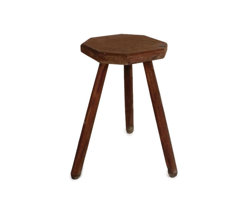 Vintage Milking Stool Tripod Carved Wood Side Table Pedestal Plant Stand Barn St