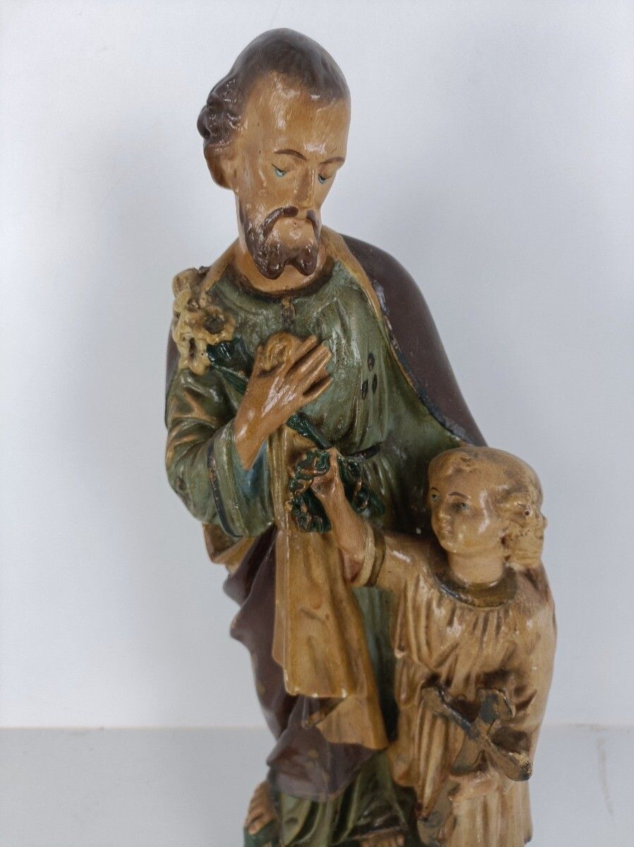 Antique Statue Saint Joseph Protector Of Homes Infant Jesus Polychrome Plaster N photo furniture
