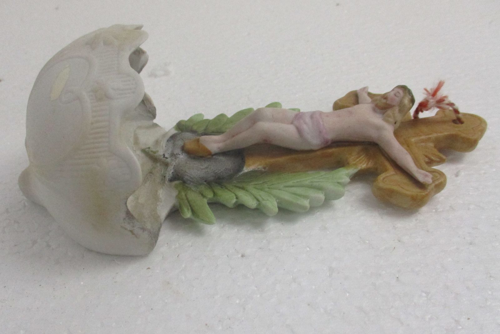 Antique Porcelain Bisque Holy Water Font Vessel Jesus Crucifix  Wow Polychrome photo Art