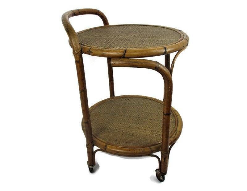 French Riviera Bamboo Rattan Bar Cocktail Tea Garden Cart Trolley Mid Century Mo