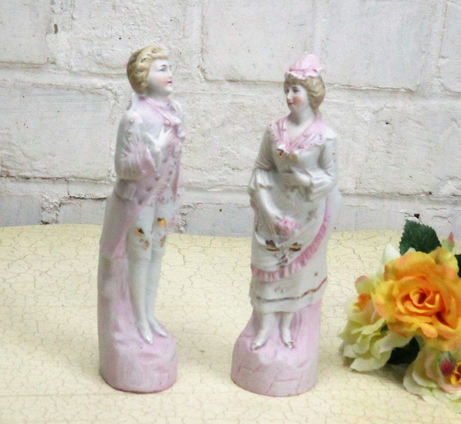 Couple Two Figurines Courting  Woman  Man Porcelain Bisque Marked 7.87" photo furniture
