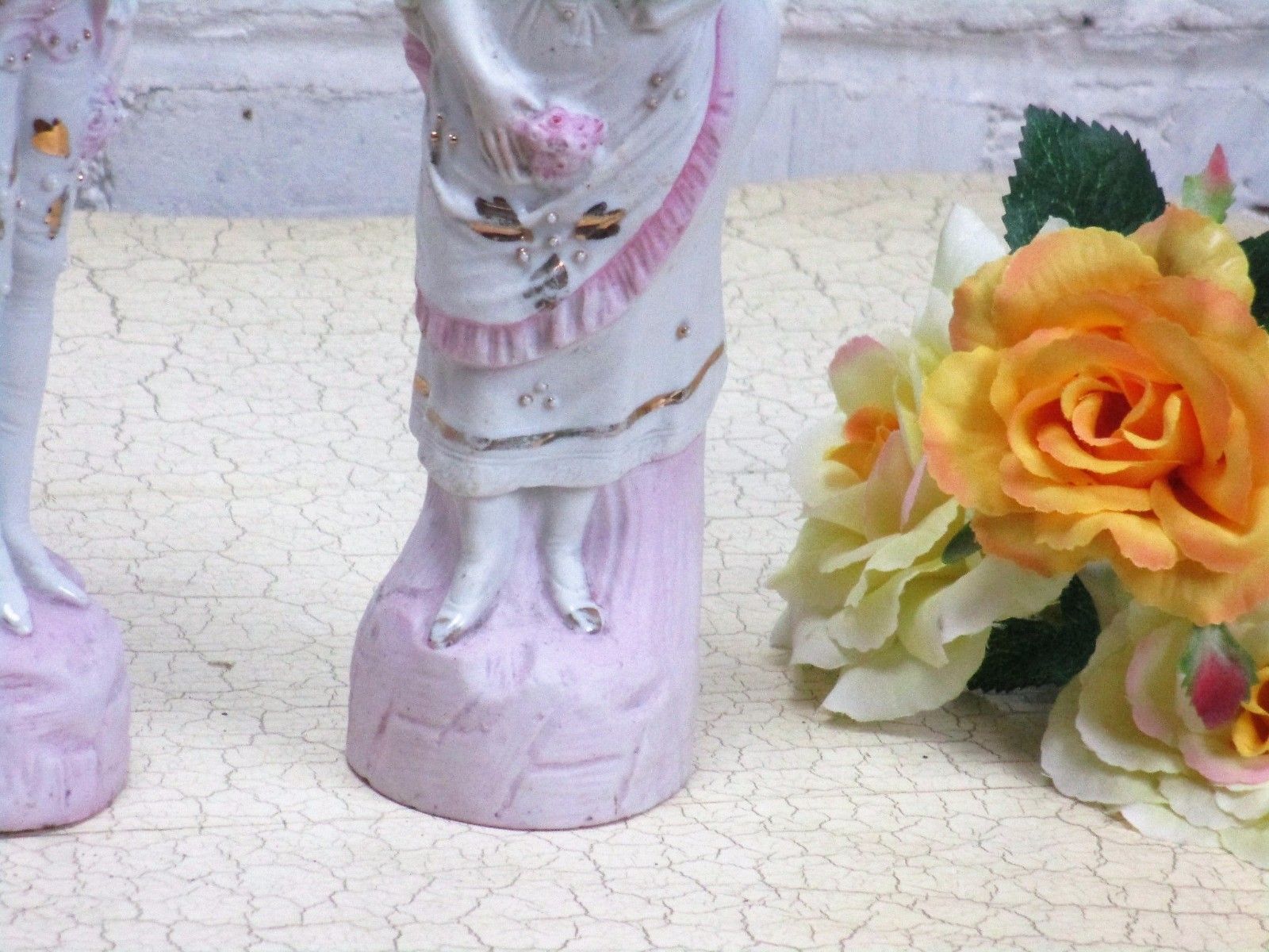 Couple Two Figurines Courting  Woman  Man Porcelain Bisque Marked 7.87" photo for sale