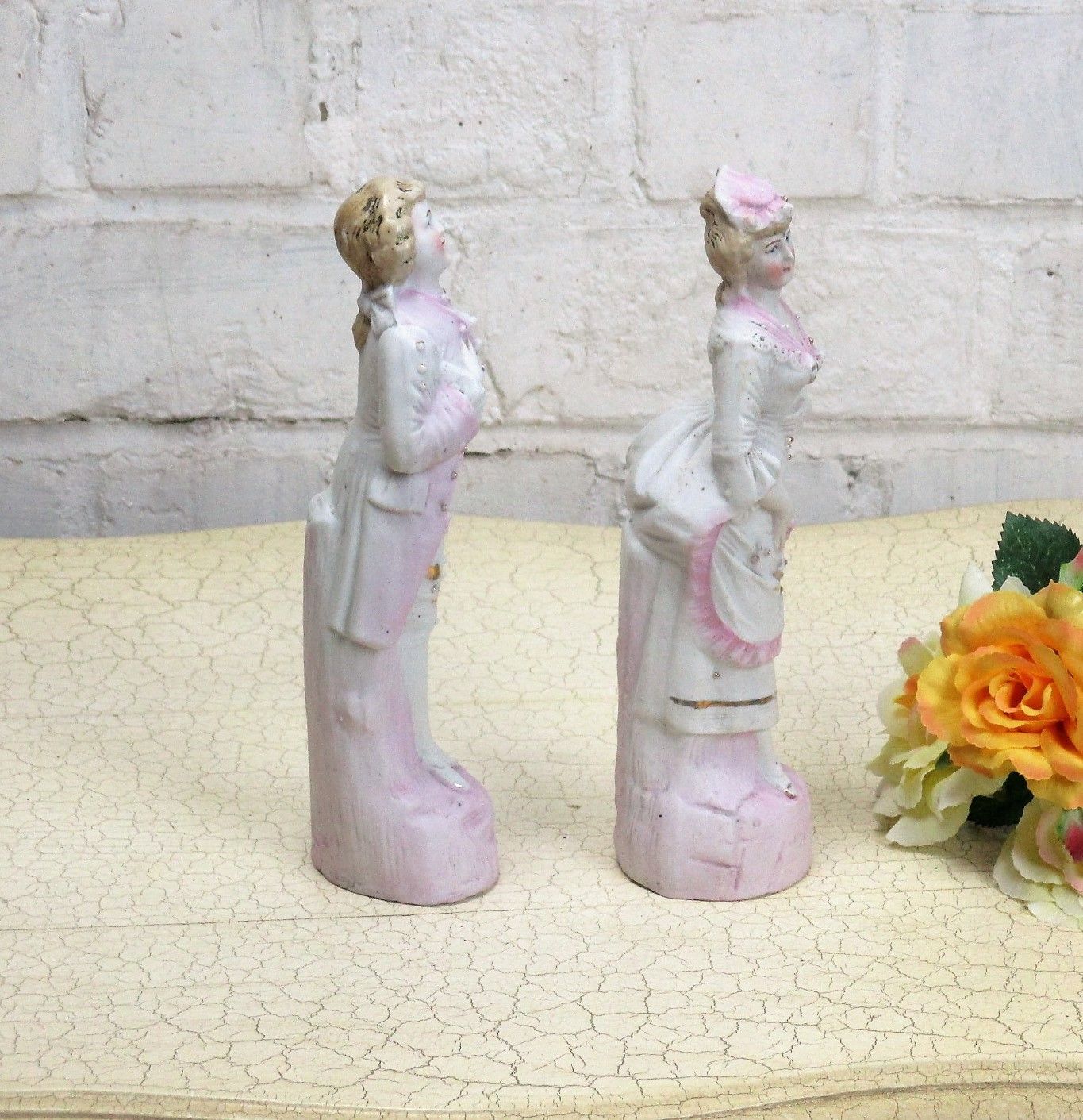 Couple Two Figurines Courting  Woman  Man Porcelain Bisque Marked 7.87" photo 57.0
