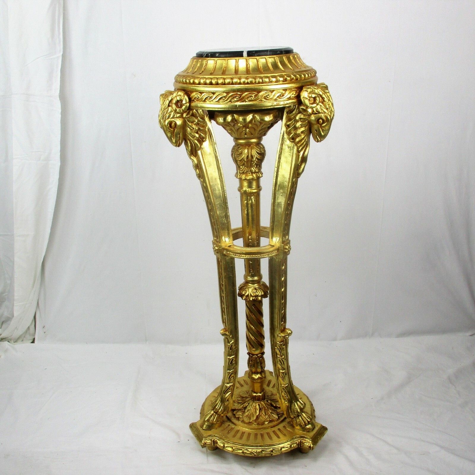 Gorgeous Gold Gilded Doré Pedestal  Plant Stand Table Rams Head Marble Top Wow photo vintage