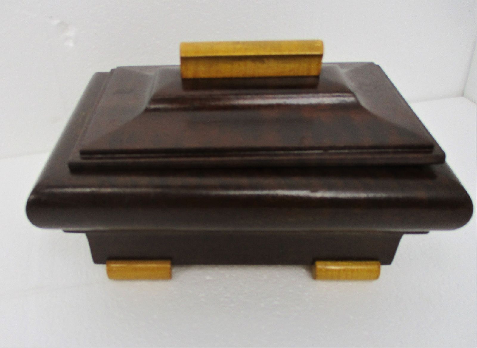 Art Deco Hand Carved Two Toned Wood Jewelry Trinket Tobacco Box Ornate Funky photo vintage