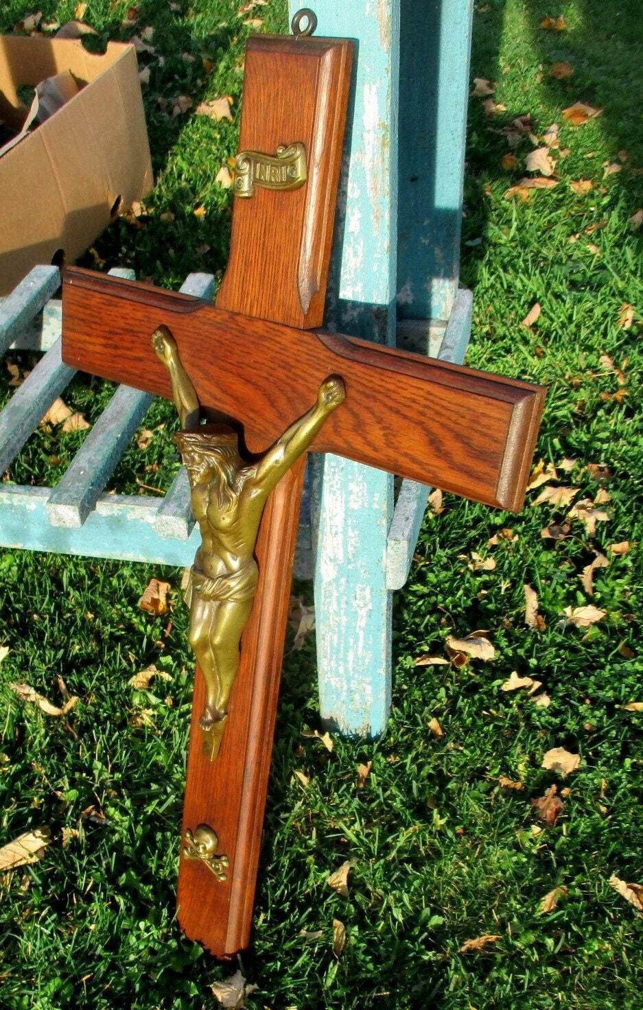 Large Hand Carved Wooden Hanging Crucifix Cross Brass Jesus Christ 27.36" photo furniture