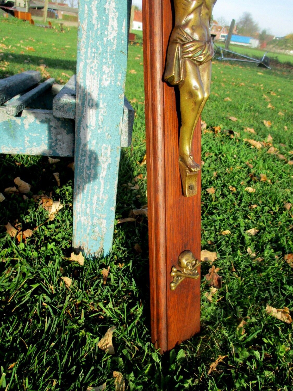 Large Hand Carved Wooden Hanging Crucifix Cross Brass Jesus Christ 27.36" photo Art