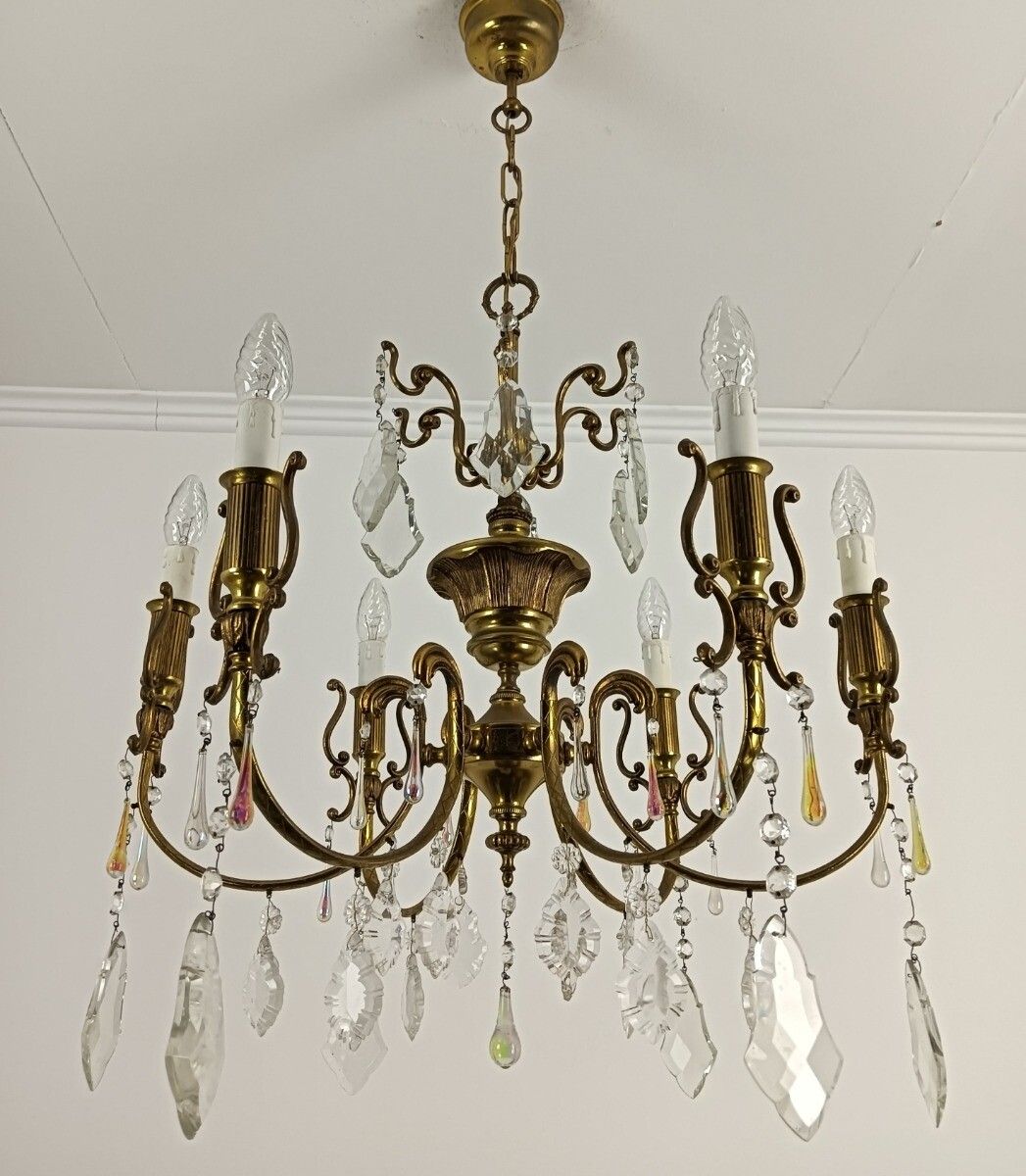 French Chandelier Romantic With Prisms Gold Gilded Brass Vintage Fixture Lamp Ho photo for sale