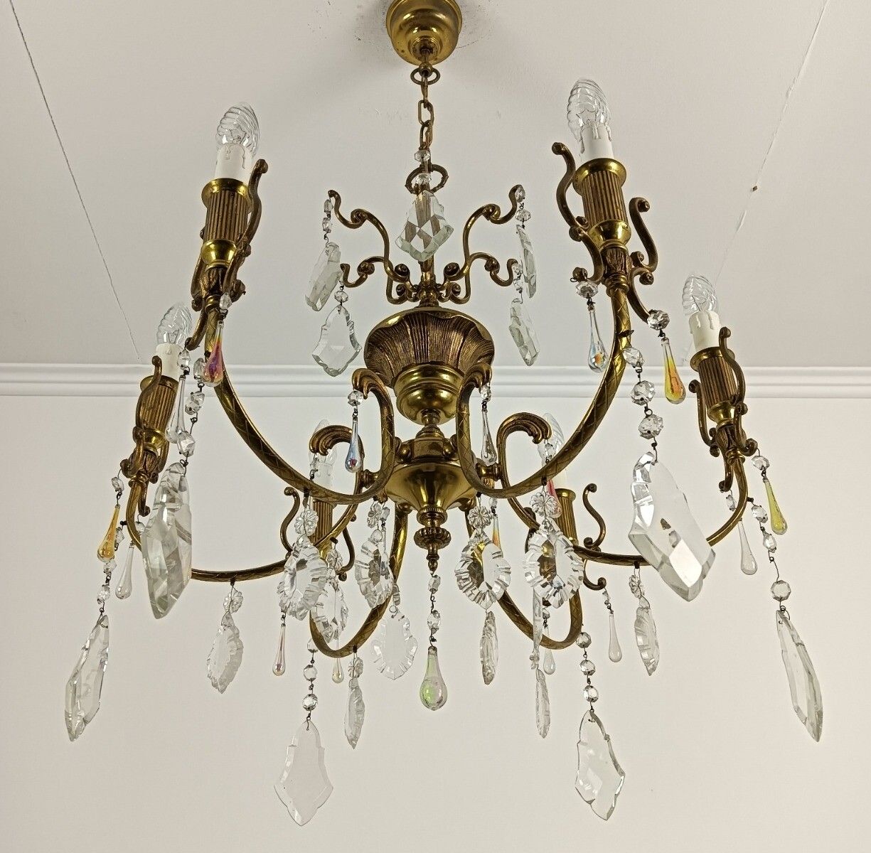 French Chandelier Romantic With Prisms Gold Gilded Brass Vintage Fixture Lamp Ho photo Lighting