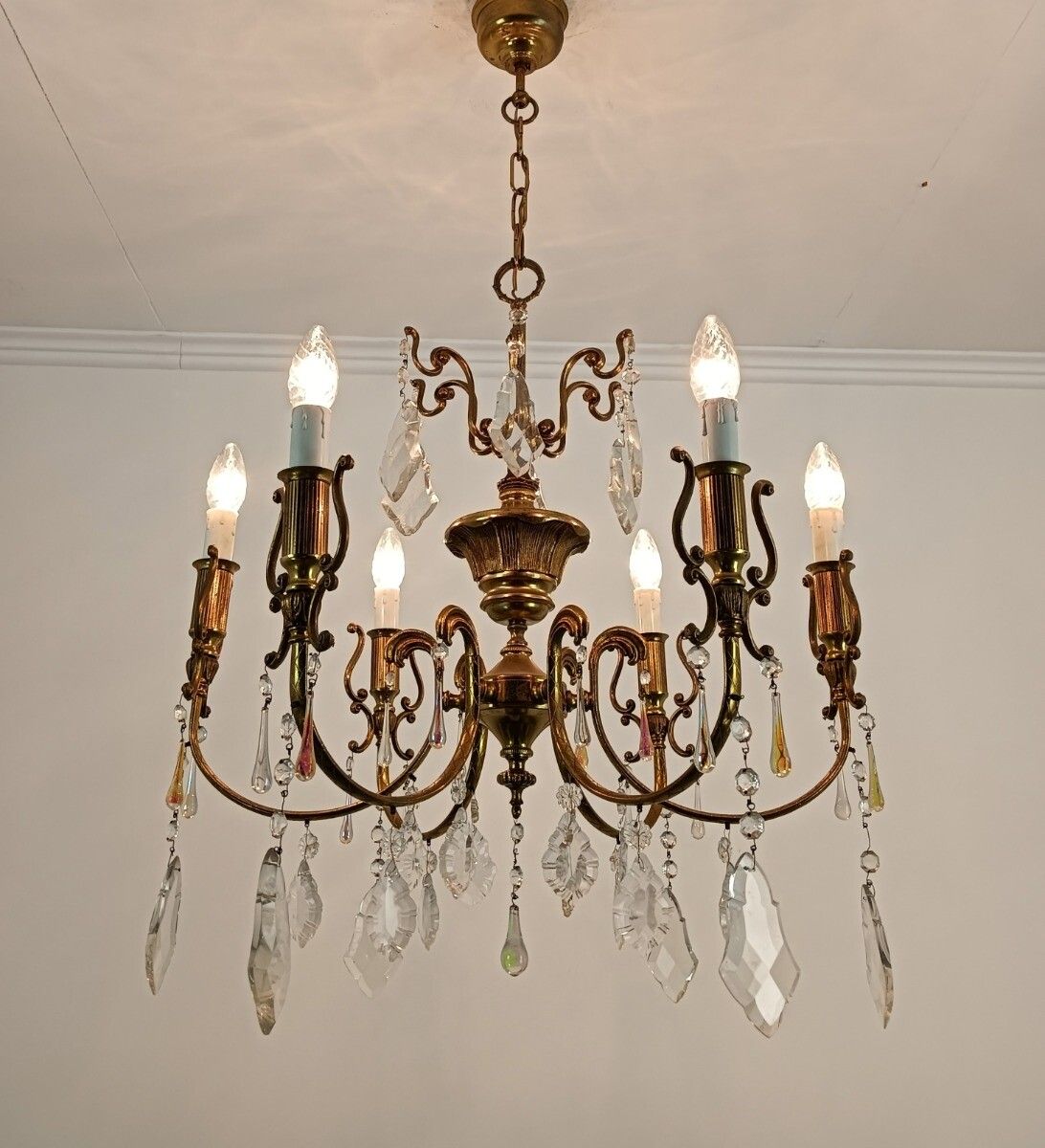 French Chandelier Romantic With Prisms Gold Gilded Brass Vintage Fixture Lamp Ho photo 728.0