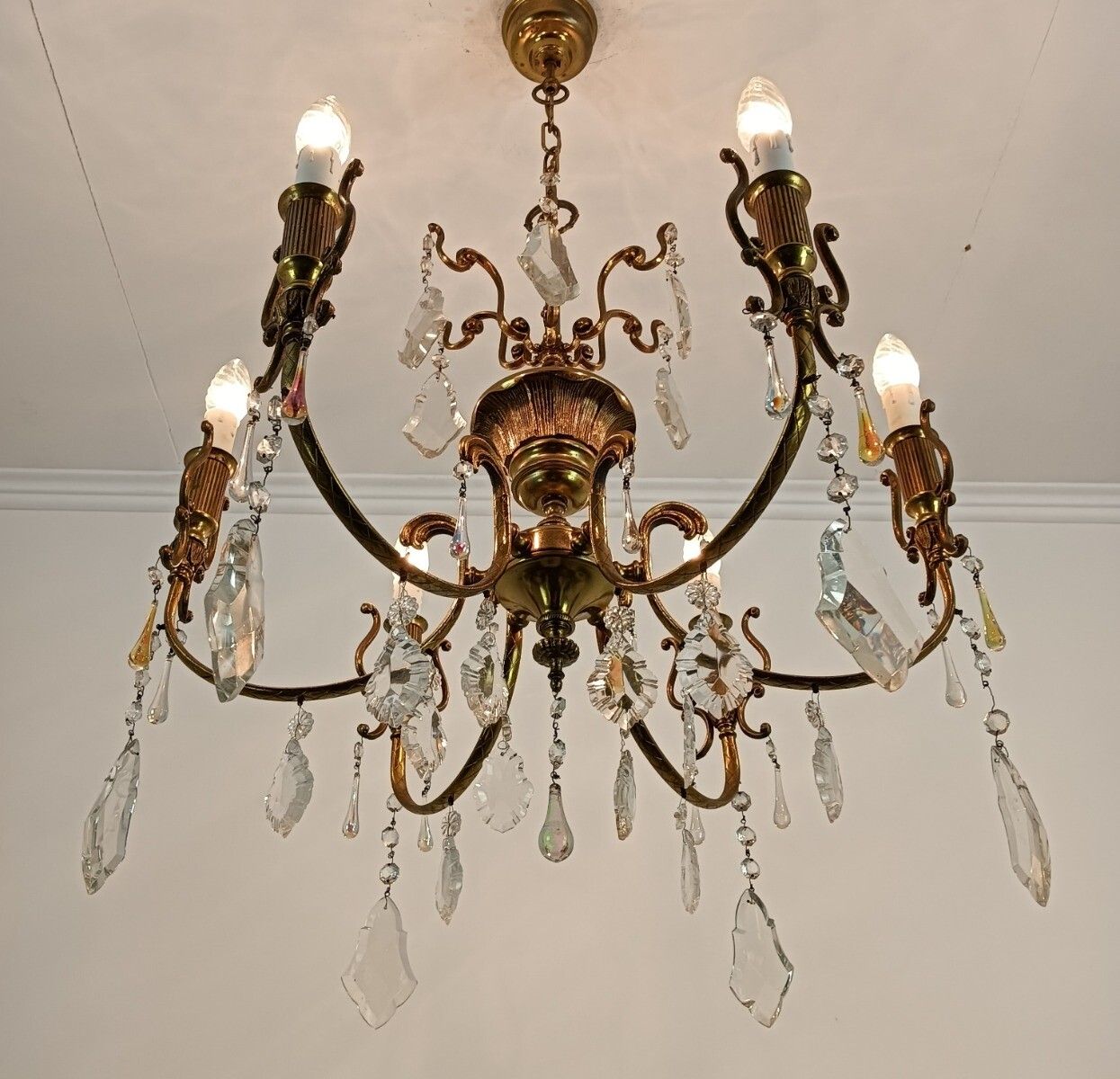 photo for sale French Chandelier Romantic With Prisms Gold Gilded Brass Vintage Fixture Lamp Ho