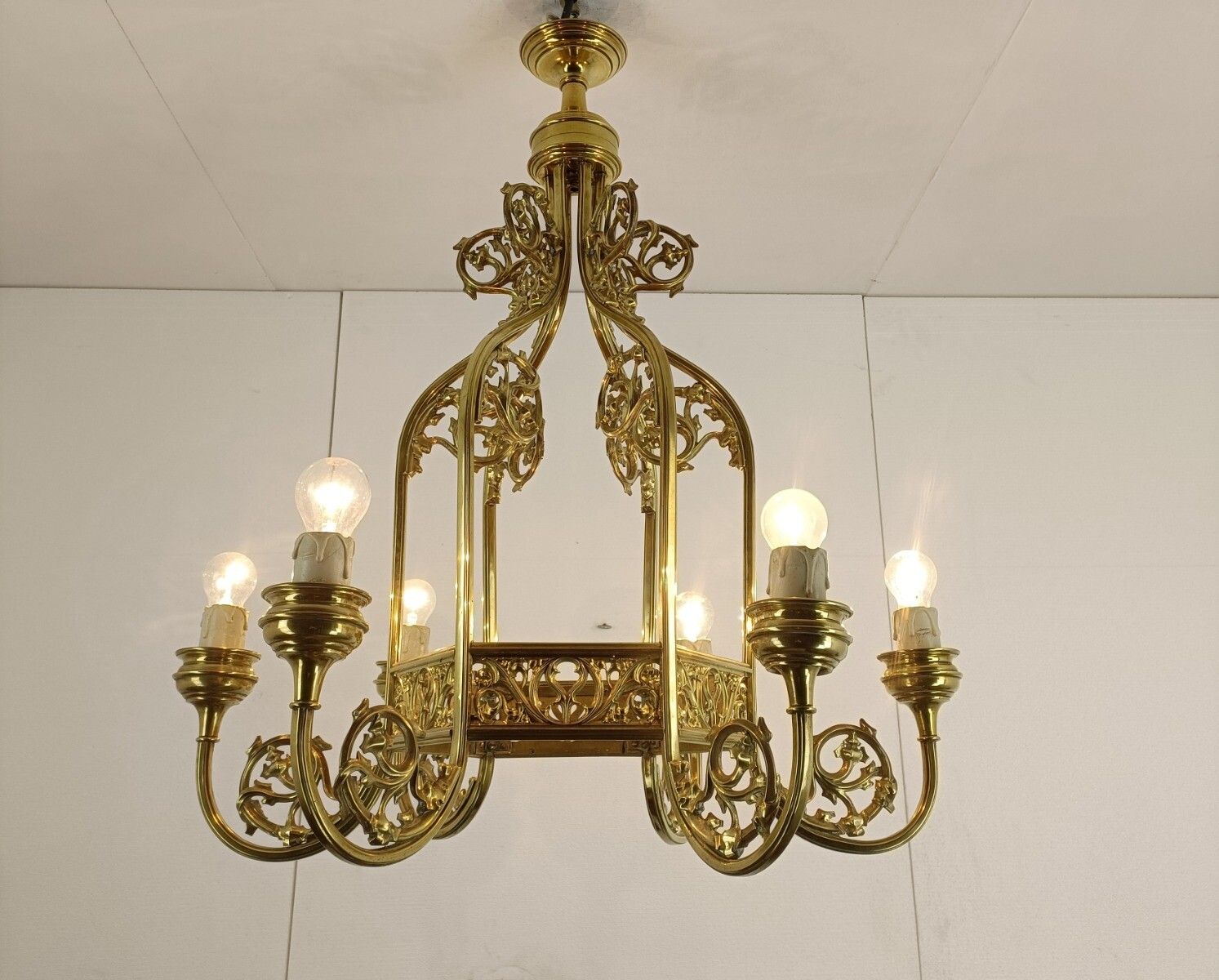 Antique Neo Gothic Bronze Dore Chandelier Castle Large Sextagon 6 Arms 6 Lights photo furniture