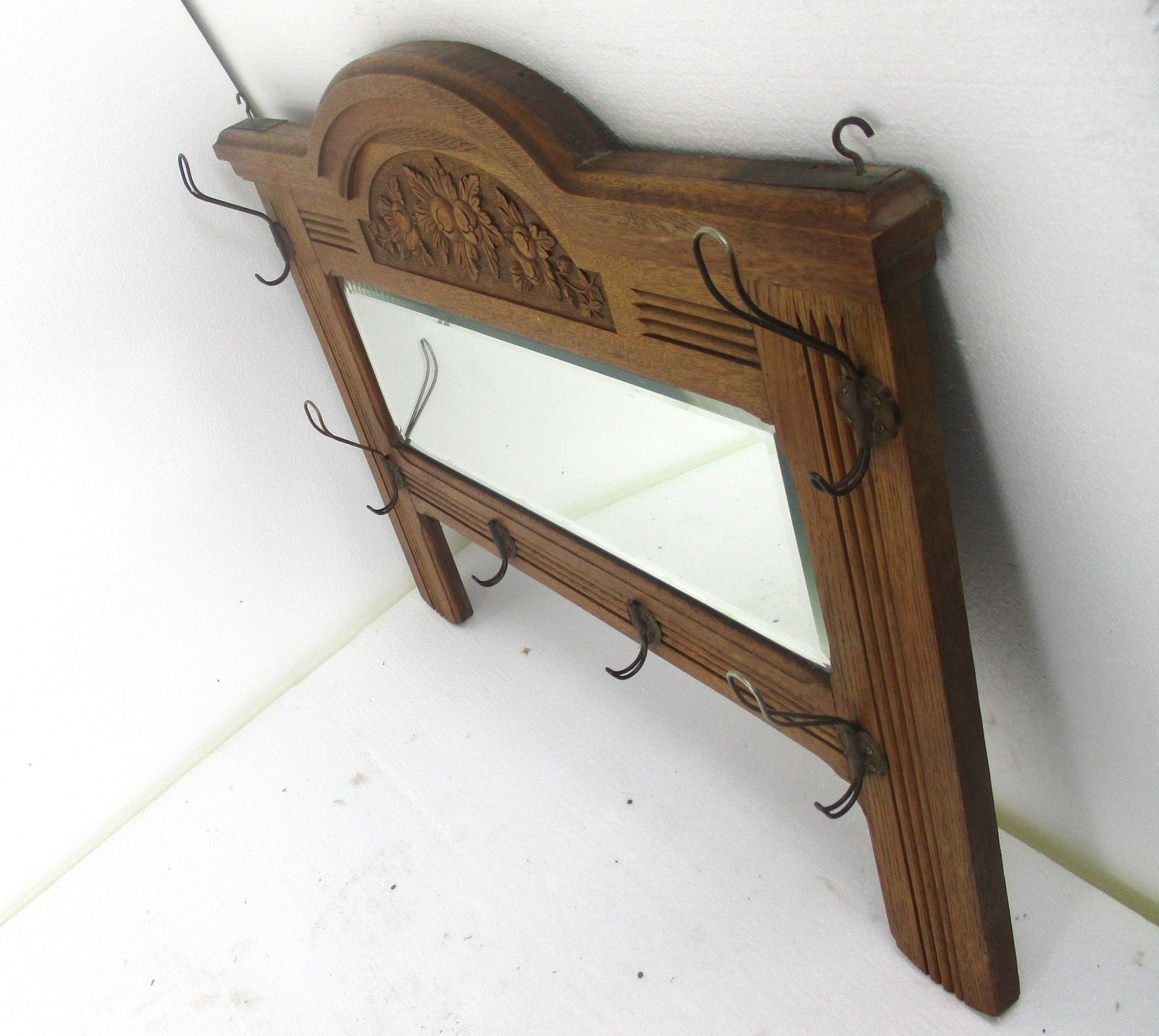 Antique Gorgeous Large Beveled Glass Mirror Hand Carved Wood Coat Rack Wow Hallw photo Furniture